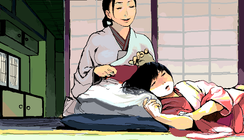 black_hair, cabinet, gesogeso, japanese_clothes, kimono, kotetsu_(gesogeso), lap_pillow, mole