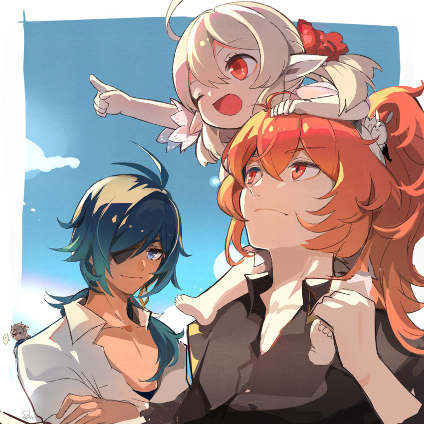 ..., 1girl, 2134twone, 3boys, ;d, albedo_(genshin_impact), antenna_hair, bangs, black_shirt, blue_eyes, blue_hair, blush, carrying, closed_mouth, collarbone, collared_shirt, crossed_arms, dark-skinned_male, dark_skin, diluc_(genshin_impact), earrings, eyepatch, female_child, genshin_impact, hair_between_eyes, highres, jewelry, kaeya_(genshin_impact), klee_(genshin_impact), low_ponytail, low_twintails, multiple_boys, one_eye_closed, open_mouth, pectorals, pointing, pointy_ears, red_eyes, redhead, shirt, shoulder_carry, single_earring, smile, spoken_ellipsis, star-shaped_pupils, star_(symbol), symbol-shaped_pupils, twintails, white_shirt, wing_collar
