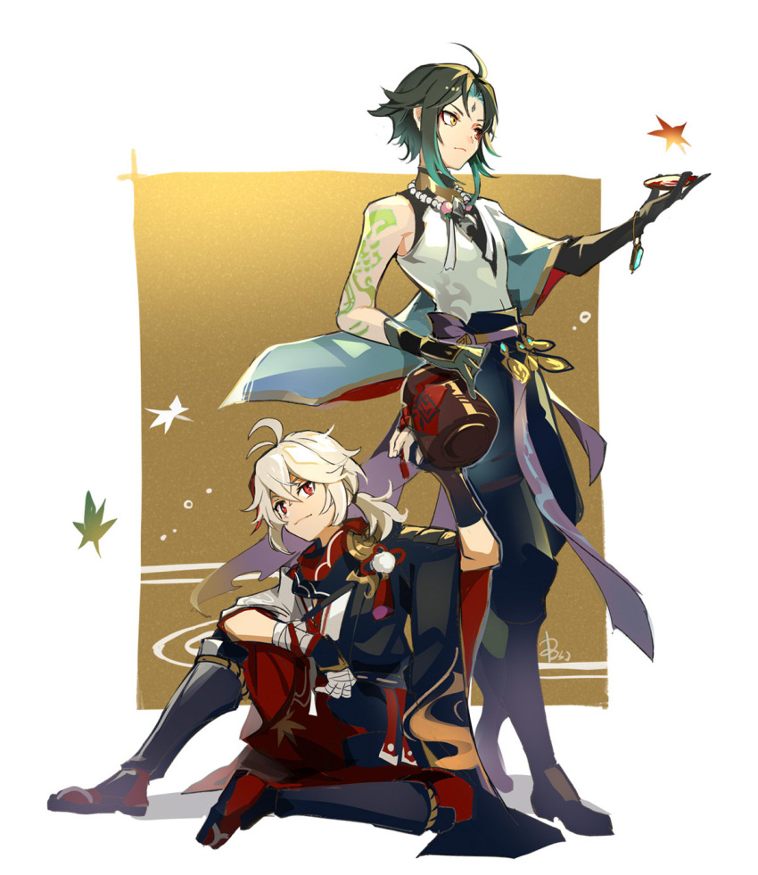 2134twone, 2boys, ahoge, antenna_hair, aqua_hair, armor, asymmetrical_gloves, asymmetrical_sleeves