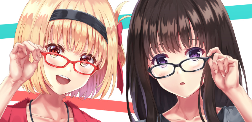 2girls, absurdres, bespectacled, black-framed_eyewear, black_hair, black_hairband, blonde_hair, blush