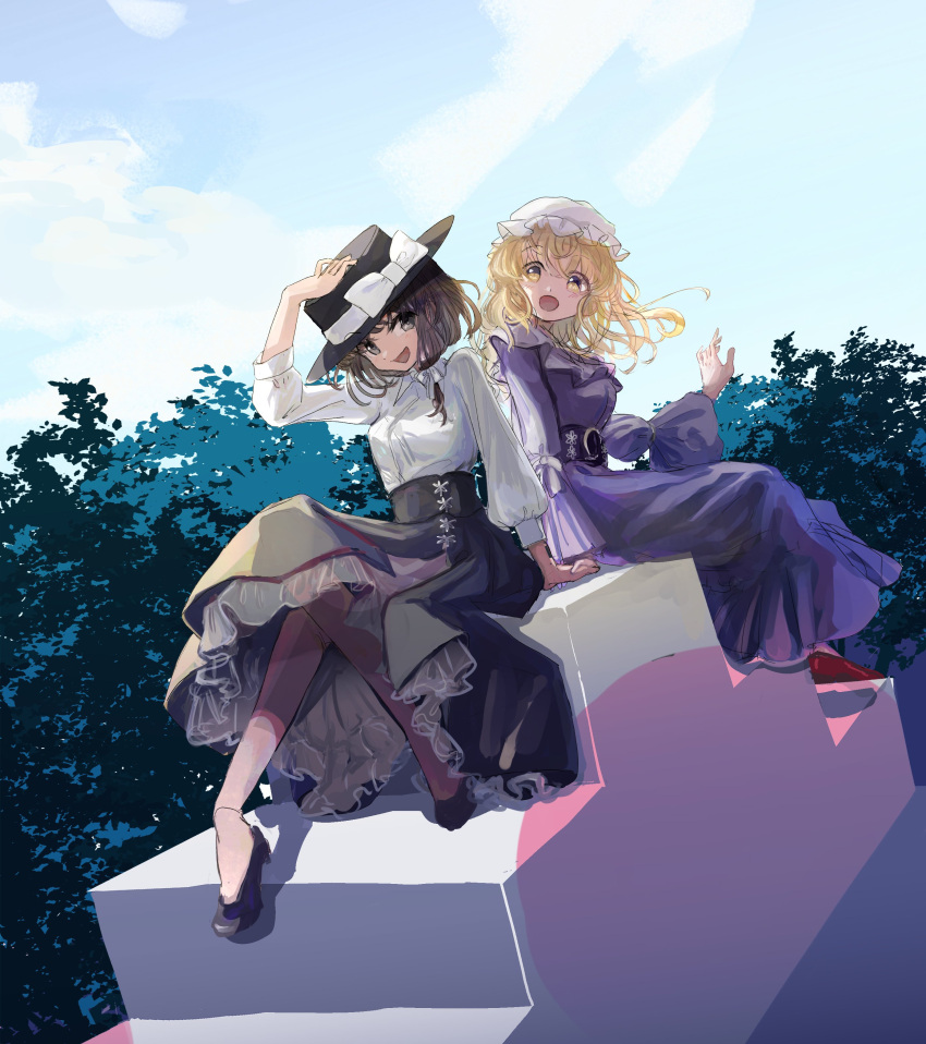 2girls, :d, absurdres, black_headwear, black_skirt, blonde_hair, bow, brown_eyes