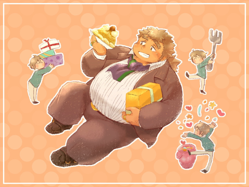 2boys, andvari_(housamo), ascot, baku_hosamo, belt, black_footwear, brown_hair, brown_vest, cake, dark-skinned_male, dark_skin, film_grain, flower, food, fork, formal, framed, gift, grin, heart, highres, holding, holding_food, holding_fork, holding_gift, jewelry, long_sideburns, low_ponytail, master_4_(housamo), multiple_boys, multiple_rings, orange_background, plump, pointy_ears, polka_dot, polka_dot_background, purple_ascot, ring, shirt, short_hair, sideburns, smile, striped, striped_shirt, suit, thick_eyebrows, throwing, tokyo_afterschool_summoners, variations, vertical-striped_shirt, vertical_stripes, vest