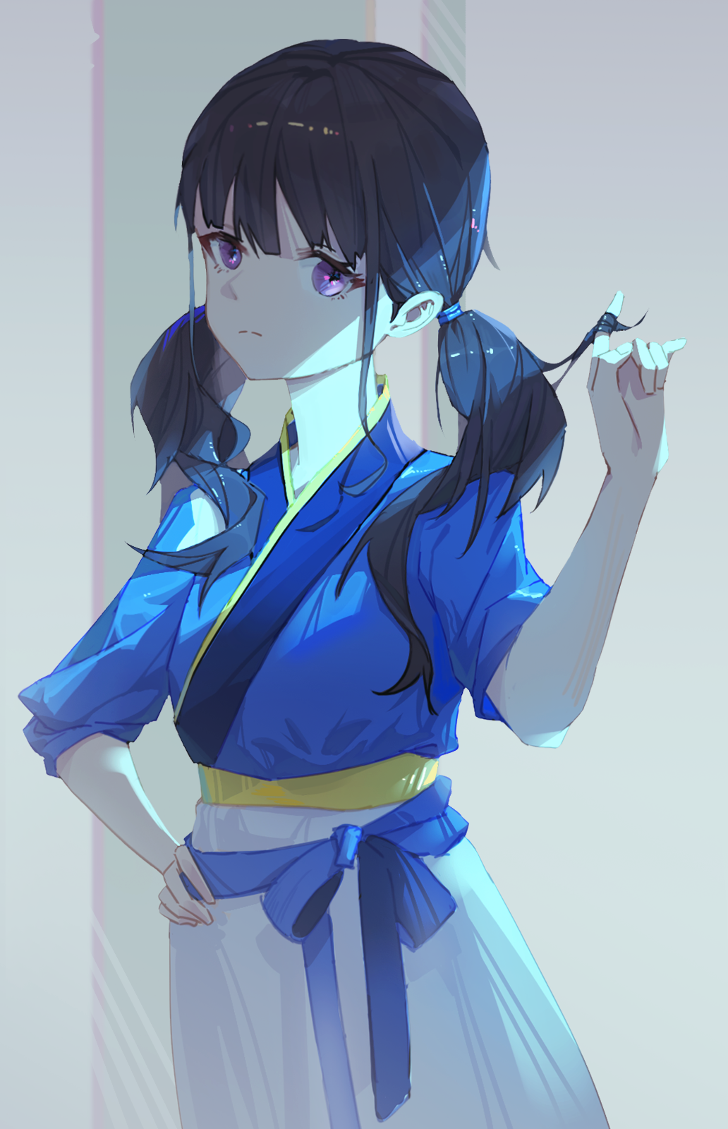 1girl, black_hair, blue_kimono, closed_mouth, furisode, hand_on_hip, hand_up, highres