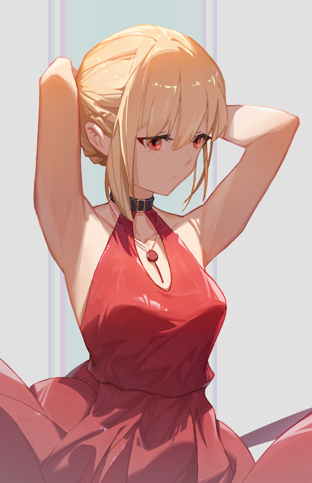 1girl, armpits, bare_arms, bare_shoulders, black_collar, blonde_hair, closed_mouth, collar