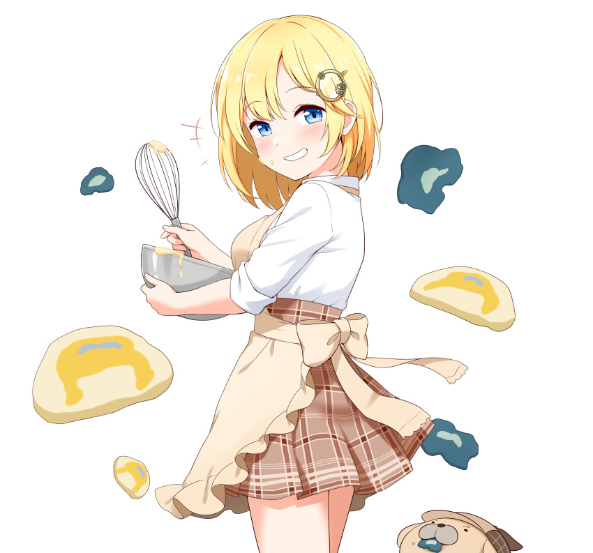 1girl, absurdres, among_us, animal, apron, bangs, blonde_hair, blue_eyes