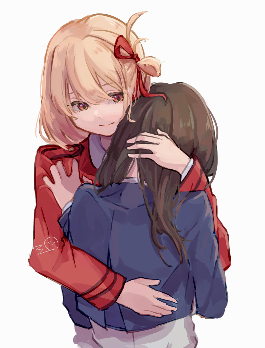 2girls, absurdres, black_hair, blonde_hair, closed_mouth, commentary_request, hair_ribbon, highres