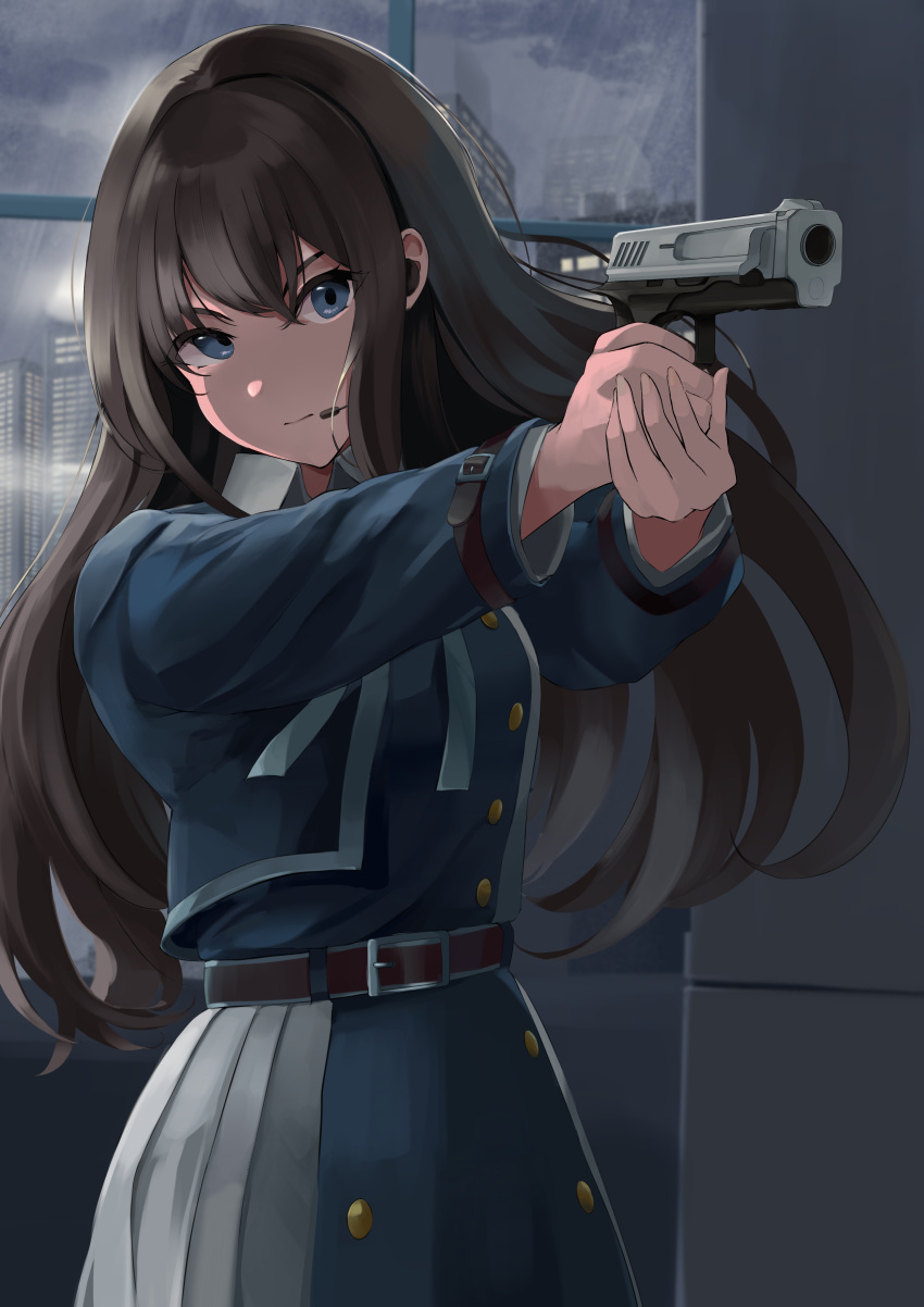 1girl, absurdres, aiming, black_hair, blue_eyes, closed_mouth, gun, handgun