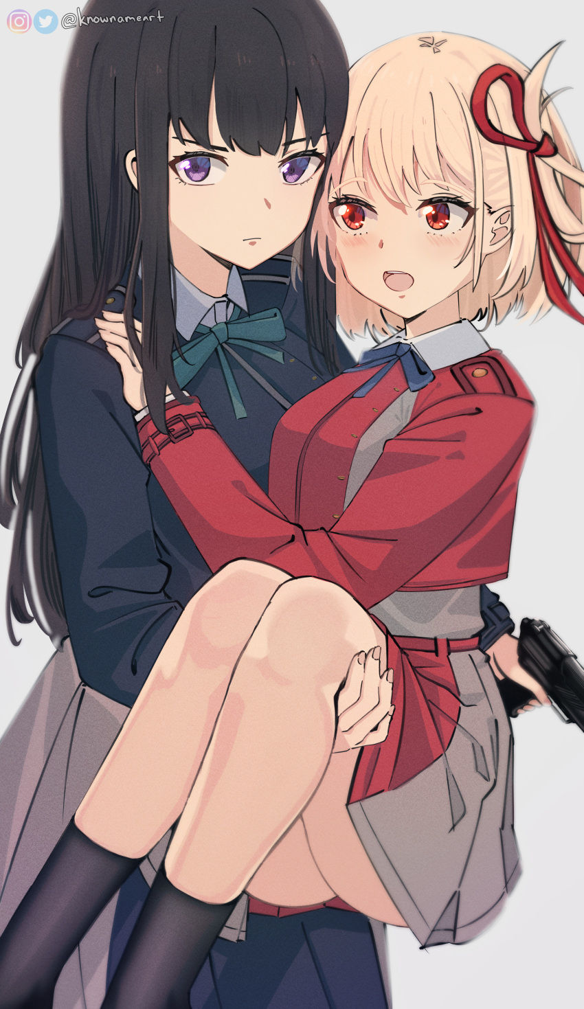 2girls, absurdres, artist_name, black_hair, black_socks, blonde_hair, blue_ribbon, blush, carrying, closed_mouth, collared_shirt, commentary, cowboy_shot, green_ribbon, gun, hair_ribbon, handgun, highres, holding, holding_gun, holding_weapon, inoue_takina, kneehighs, knownameart, long_hair, long_sleeves, looking_at_another, looking_at_viewer, lycoris_recoil, lycoris_uniform, multiple_girls, neck_ribbon, nishikigi_chisato, open_mouth, princess_carry, red_eyes, red_ribbon, ribbon, shirt, short_hair, simple_background, socks, two-tone_dress, uniform, violet_eyes, weapon, white_background, white_shirt