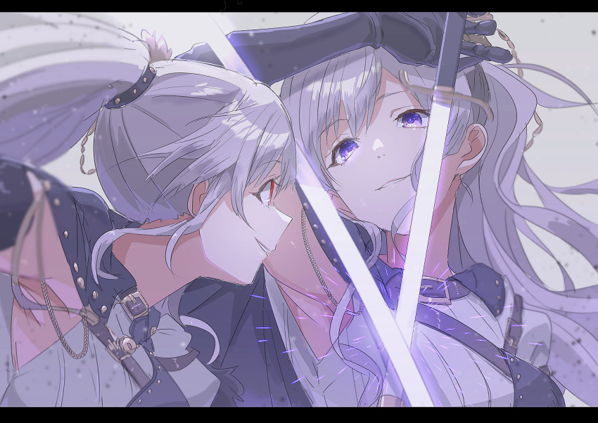 2girls, armpits, bangs, belt, black_gloves, dual_persona, elbow_gloves, gloves