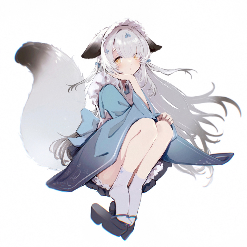 1girl, :o, absurdres, animal_ears, apron, arm_support, azur_lane, bangs, blue_bow, blue_kimono, blue_skirt, blush, bow, commentary, frilled_apron, frills, geta, grey_hair, hair_bow, hair_over_one_eye, hand_on_own_chin, highres, japanese_clothes, kimono, legs_together, long_hair, long_sleeves, looking_at_viewer, maid_headdress, miyuki_(azur_lane), miyuki_(shopping_rendezvous)_(azur_lane), petticoat, pleated_skirt, simple_background, skirt, socks, solo, star_(ensm7883), swept_bangs, symbol-only_commentary, tail, two_side_up, very_long_hair, wa_maid, white_apron, white_background, white_socks, wide_sleeves, yellow_eyes