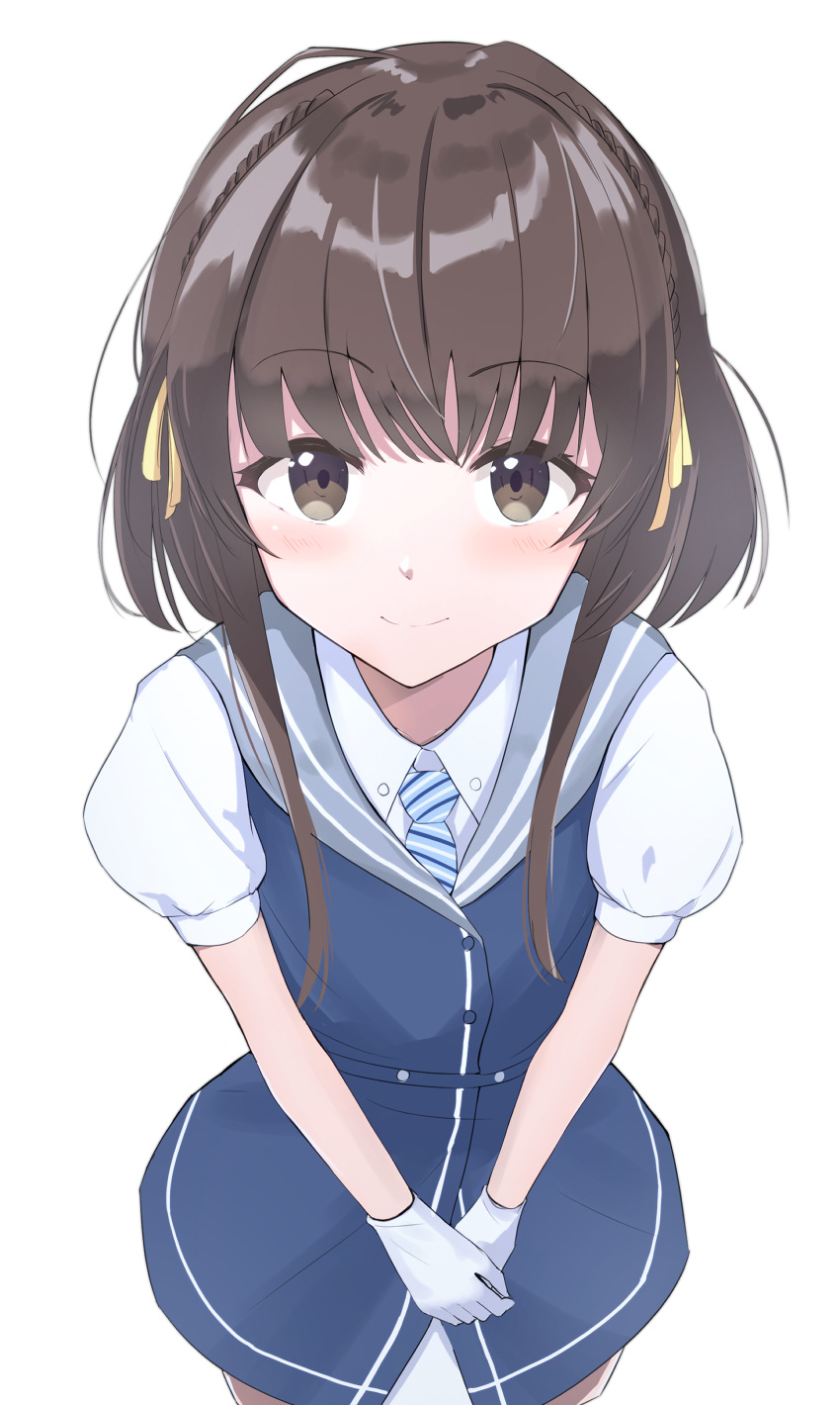 1girl, absurdres, black_eyes, black_hair, blue_dress, blue_necktie, blush, closed_mouth