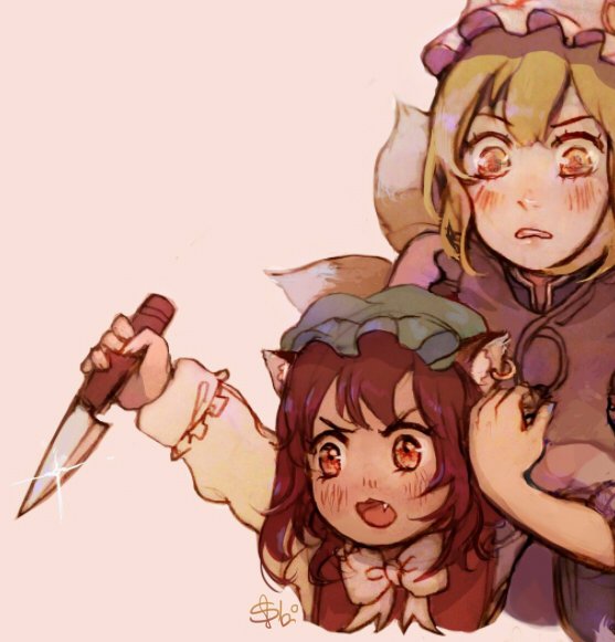 2girls, animal_ears, blonde_hair, brown_eyes, brown_hair, cat_ears, cat_tail, chen
