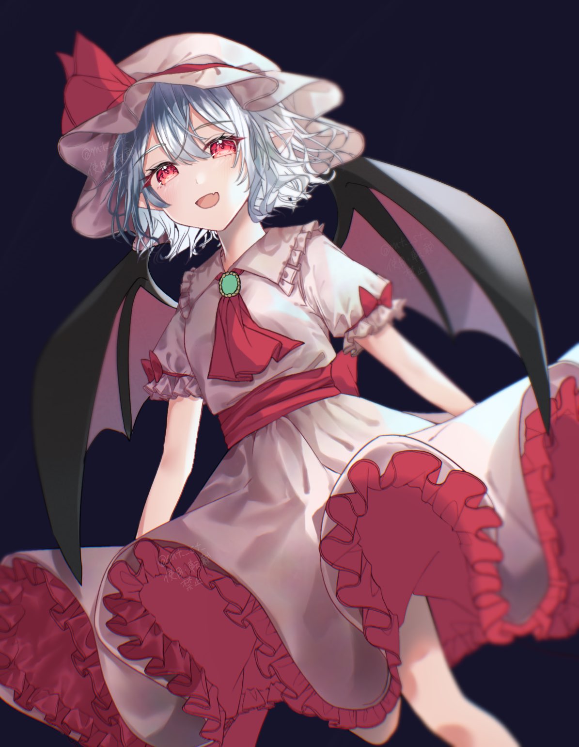 1girl, ascot, bat_wings, blurry, blurry_background, brooch, depth_of_field, dress