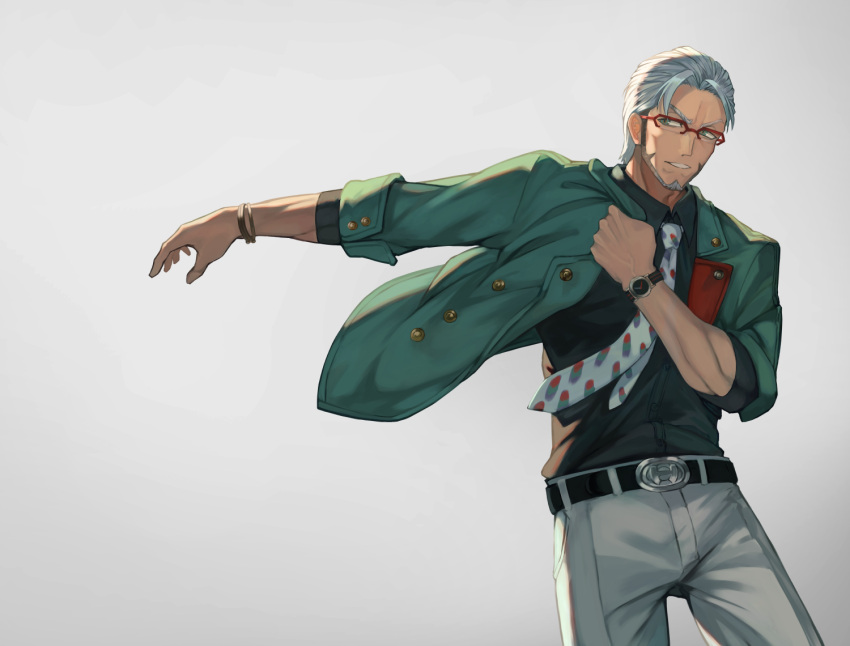 1boy, arurandeisu, barcy, beard, belt, black_shirt, facial_hair, glasses