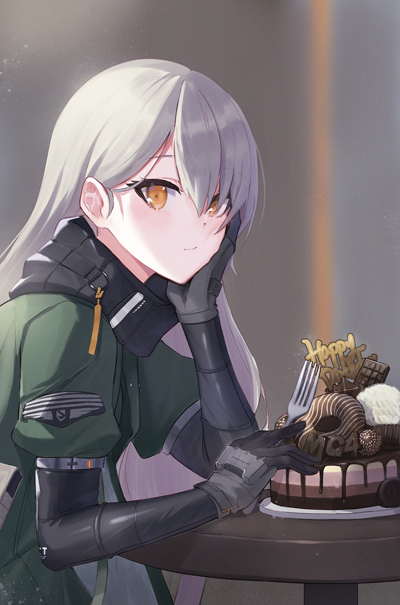 1girl, bangs, black_gloves, blurry, blurry_background, cake, candy, character_name