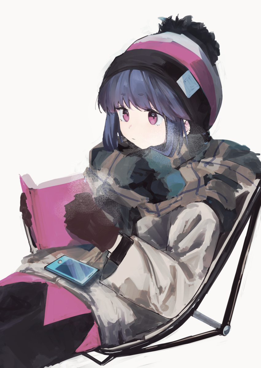 1girl, absurdres, beanie, blue_hair, book, brown_gloves, cellphone, gloves