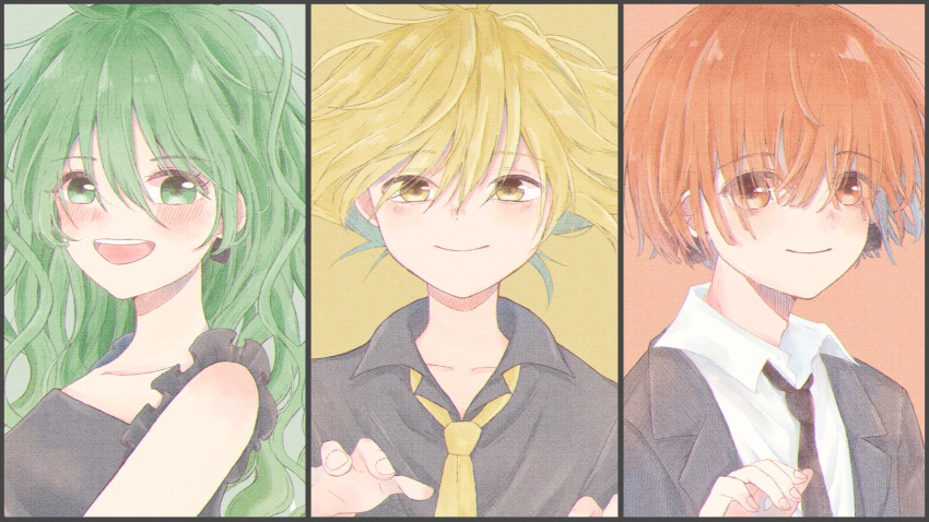 1girl, 2boys, :d, black_dress, black_necktie, black_shirt, blonde_hair, blush, brown_background, brown_eyes, dress, earrings, green_eyes, green_hair, hair_between_eyes, highres, jewelry, long_hair, looking_at_viewer, medium_hair, messy_hair, multiple_boys, necktie, nukumori_mashu, orange_hair, otogami_mimin, otogami_reijirou, pppppp, shirt, short_sleeves, siblings, smile, sonoda_lucky, white_shirt, yellow_background, yellow_eyes