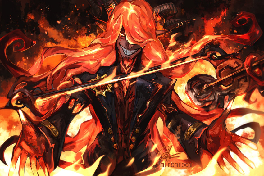 1boy, antonio_(identity_v), antonio_(inferno_sonata)_(identity_v), artist_name, beard, bow_(music), brooch, colored_skin