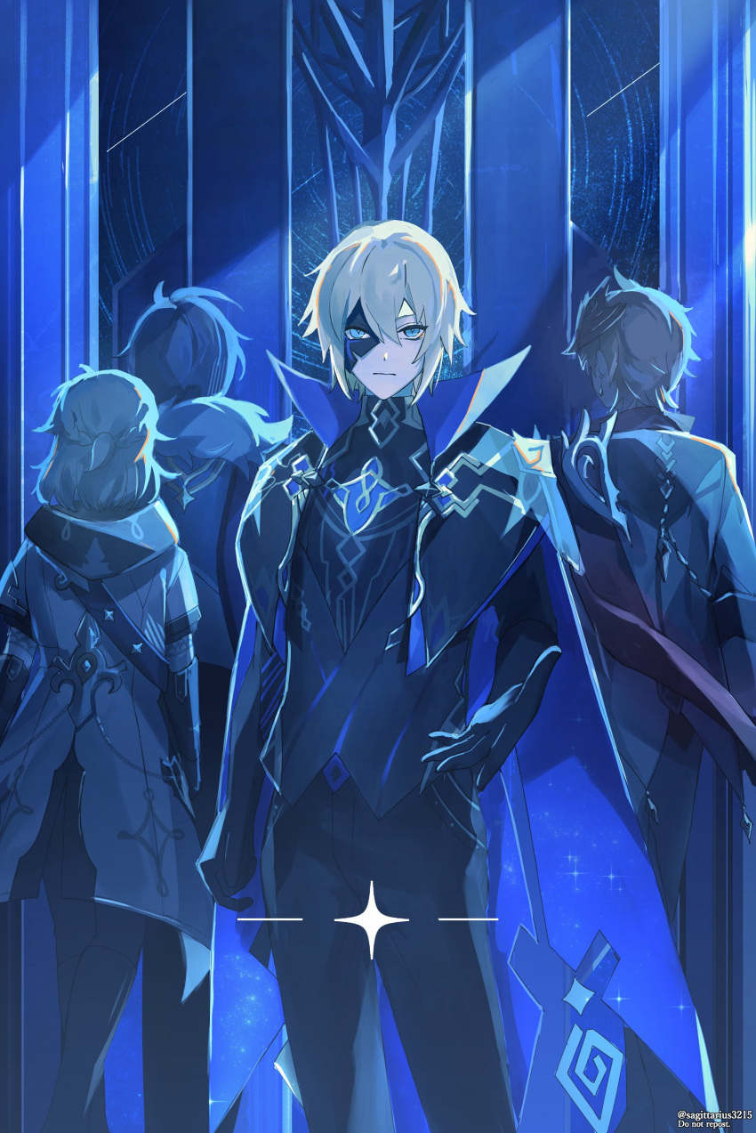 4boys, albedo_(genshin_impact), bangs, black_gloves, black_pants, blonde_hair, blue_eyes, blue_theme