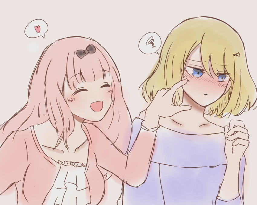 2girls, :d, ^_^, arm_up, bangs, bare_shoulders, black_bow, blue_eyes