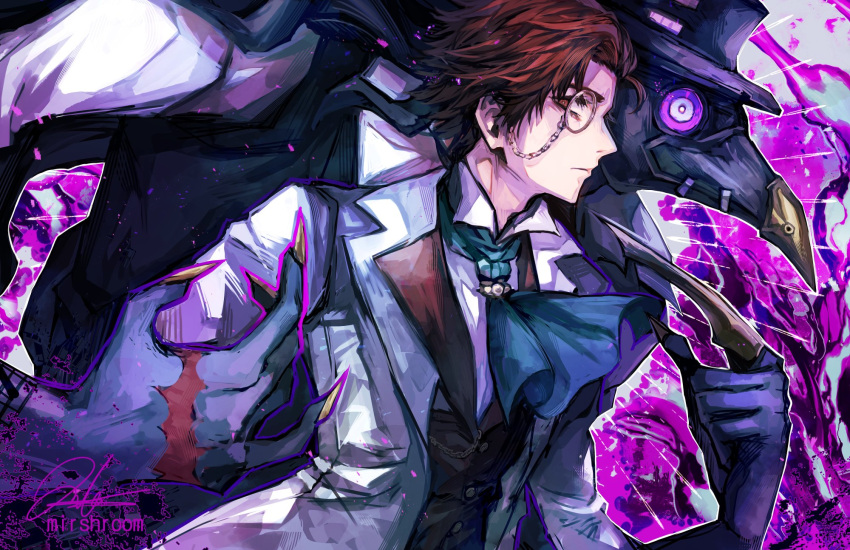 2boys, artist_name, ascot, blue_ascot, blue_skin, bright_pupils, brown_eyes, brown_hair