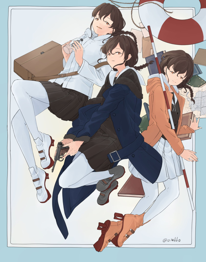 3girls, bag, blue_coat, braid, brown_hair, brown_skirt, coat, gun