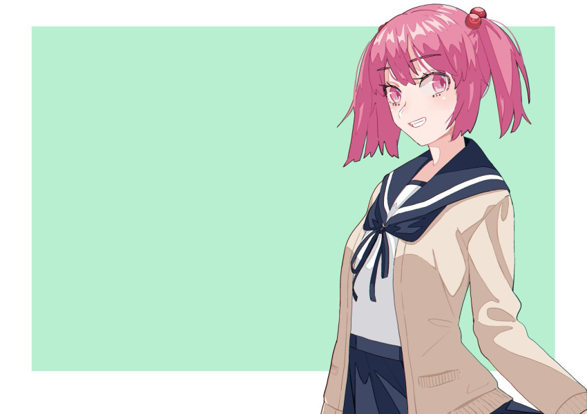 1girl, adapted_costume, blue_sailor_collar, blue_skirt, cardigan, commentary_request, cowboy_shot, grin, hair_bobbles, hair_ornament, itou_ebiko, kantai_collection, pink_eyes, pink_hair, sailor_collar, sazanami_(kancolle), school_uniform, serafuku, short_hair, skirt, smile, solo, twintails