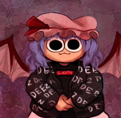 1girl, bat_wings, black_jacket, black_shirt, brand_name_imitation, chibi, deez_nuts_(meme), down_jacket, drip_(meme), embodiment_of_scarlet_devil, english_commentary, goruposstudios, hat, hat_ribbon, jacket, letterboxed, looking_at_viewer, lowres, meme, mob_cap, portrait, purple_hair, quiu_bagan, remilia_scarlet, ribbon, shirt, smug, solo, supreme_(brand), text_print, touhou, upper_body, wings