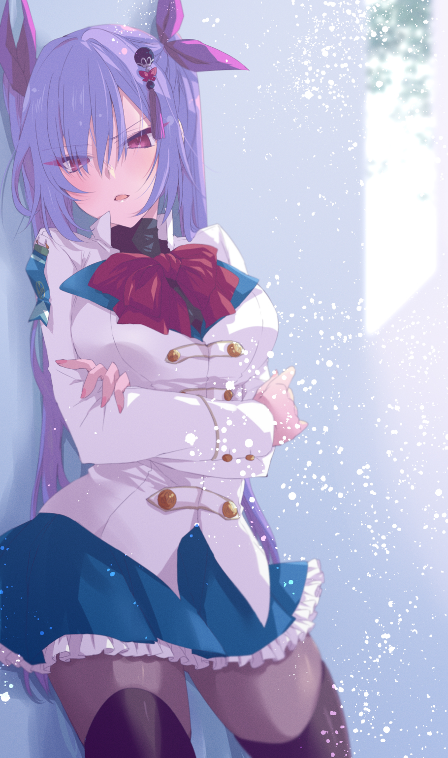 1girl, against_wall, assault_lily, bangs, black_shirt, black_thighhighs, blue_skirt, blurry, blurry_background, bow, bowtie, breasts, brown_pantyhose, buttons, collared_shirt, commentary_request, cowboy_shot, crossed_arms, fingernails, frilled_skirt, frills, gradient, gradient_background, grey_background, hair_between_eyes, hair_ornament, hair_ribbon, half-closed_eyes, herensuge_girls_academy_school_uniform, high_collar, highres, jacket, large_breasts, light_particles, long_hair, long_sleeves, looking_at_viewer, matsumura_fuuka, miniskirt, nari_(mokemokenari), pantyhose, parted_lips, pink_eyes, pink_ribbon, purple_hair, red_bow, red_bowtie, ribbon, school_uniform, shadow, shirt, skirt, solo, standing, tassel, tassel_hair_ornament, thigh-highs, thighhighs_over_pantyhose, twintails, v-shaped_eyebrows, very_long_hair, white_jacket