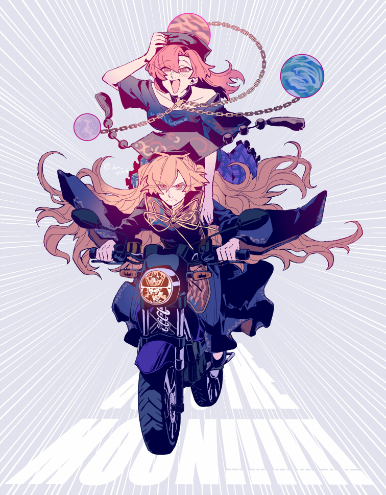 2girls, black_dress, black_shirt, blonde_hair, chain, chinese_clothes, clothes_writing, collarbone