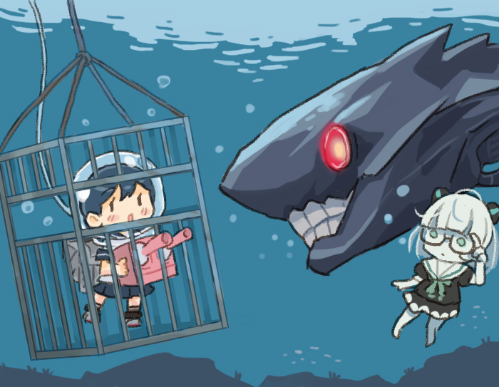 2girls, abyssal_plum_princess, abyssal_ship, adapted_turret, ahoge, black_hair, black_skirt, cannon, character_name, commentary_request, fish, kantai_collection, long_hair, machinery, multiple_girls, pleated_skirt, saiguchi_otoufu, school_uniform, serafuku, shark_cage, skirt, turret, underwater, ushio_(kancolle)