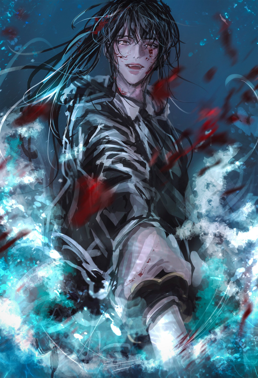 1girl, absurdres, black_eyes, black_hair, blood, blood_on_face, blue_background, crying