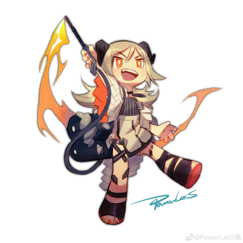 1girl, absurdres, arknights, black_dress, blonde_hair, chibi, demon_girl, demon_horns
