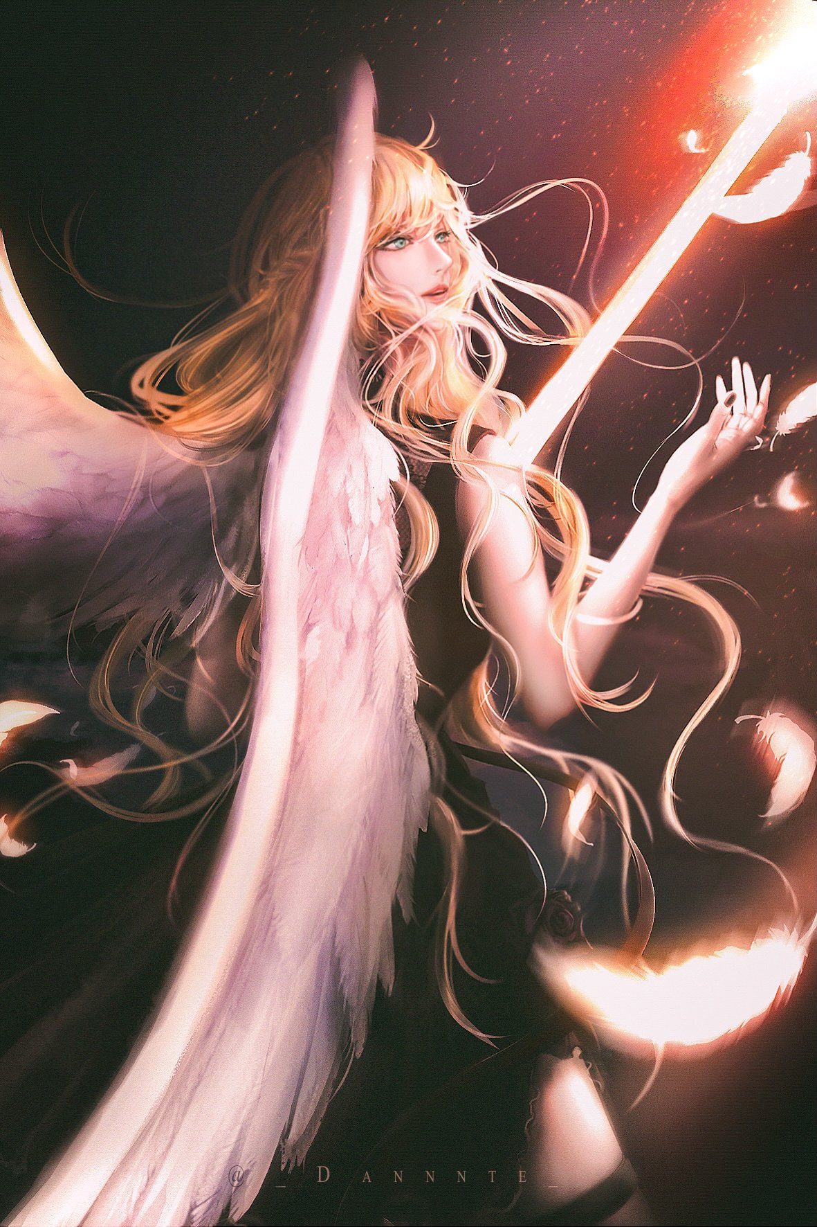 1girl, angel, angel_wings, anger_vein, black_dress, black_nails, blonde_hair, blue_eyes