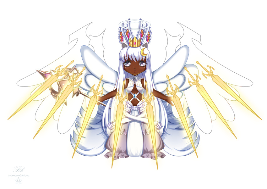 angel, angel_wings, animal_ears, dark_skin, highres, holding, holding_staff, holding_weapon