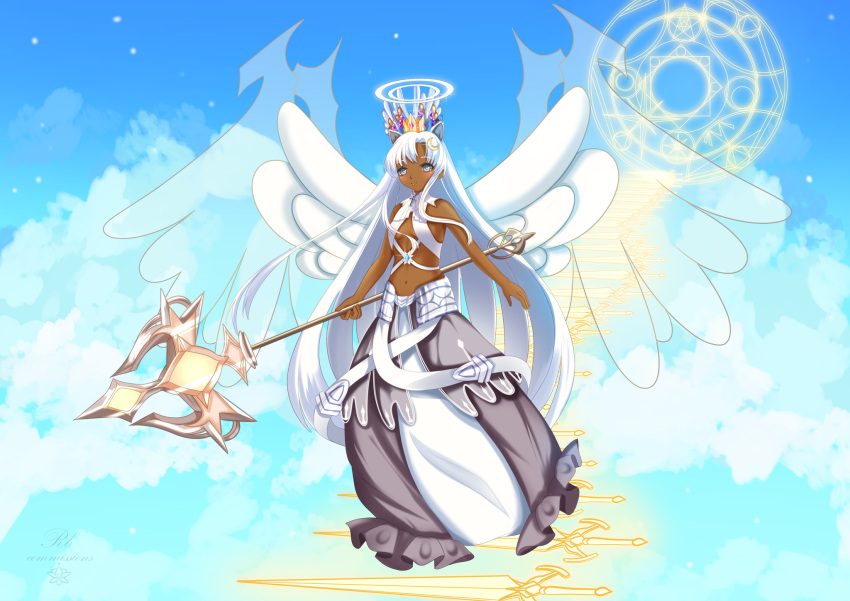 angel, angel_wings, crown, dark_skin, grey_eyes, highres, holding, holding_staff