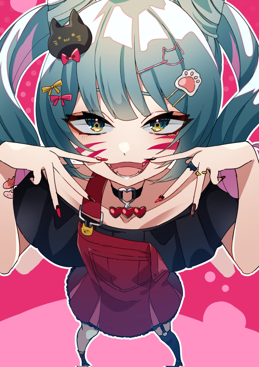 1girl, animal_(vocaloid), aqua_hair, black_nails, black_shirt, bow, bowtie, cat_bandaid, cat_hair_ornament, choker, collarbone, commentary, countdown, facial_mark, fangs, fingers_to_mouth, foreshortening, from_above, hair_horns, hair_ornament, hairclip, hatsune_miku, heart, heart_choker, highres, jewelry, kusunokimizuha, looking_at_viewer, medium_hair, open_mouth, paw_hair_ornament, red_nails, red_skirt, ring, shirt, short_sleeves, skirt, solo, standing, suspender_skirt, suspenders, twintails, vocaloid, whisker_markings