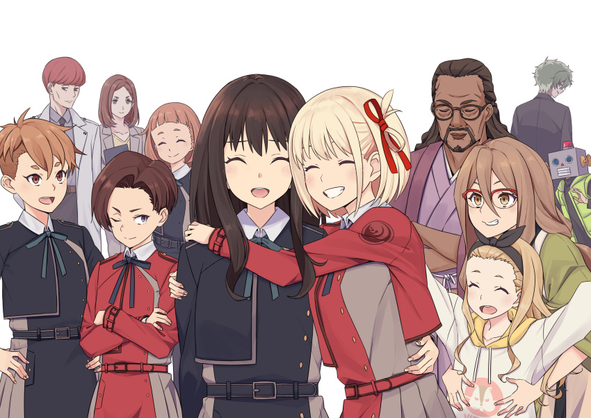 3boys, 6+girls, absurdres, beard, black_hair, blonde_hair, blush, brown_eyes
