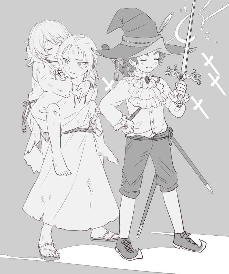 3boys, aged_down, carrying, d_hunter_of_the_dead, doyagao, elden_ring, greyscale, hat