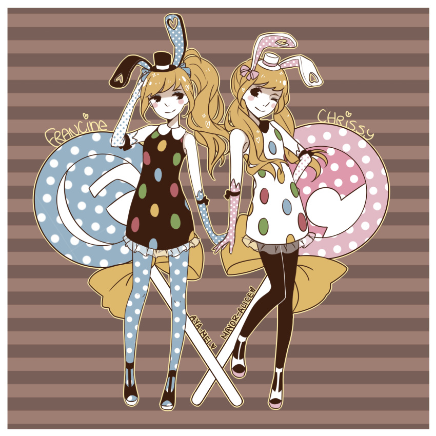 2girls, animal_crossing, animal_ears, artist_name, aya_(8819062), black_eyes, blonde_hair, blue_pants