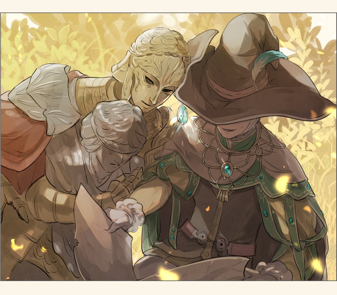 2boys, armor, cape, d_hunter_of_the_dead, elden_ring, gloves, hat, helmet