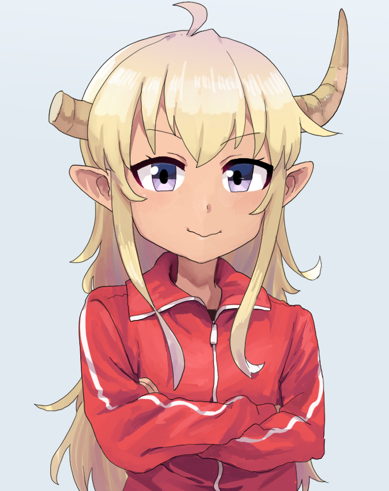 1girl, ahoge, blonde_hair, blue_background, blush, closed_mouth, collared_jacket, commentary_request