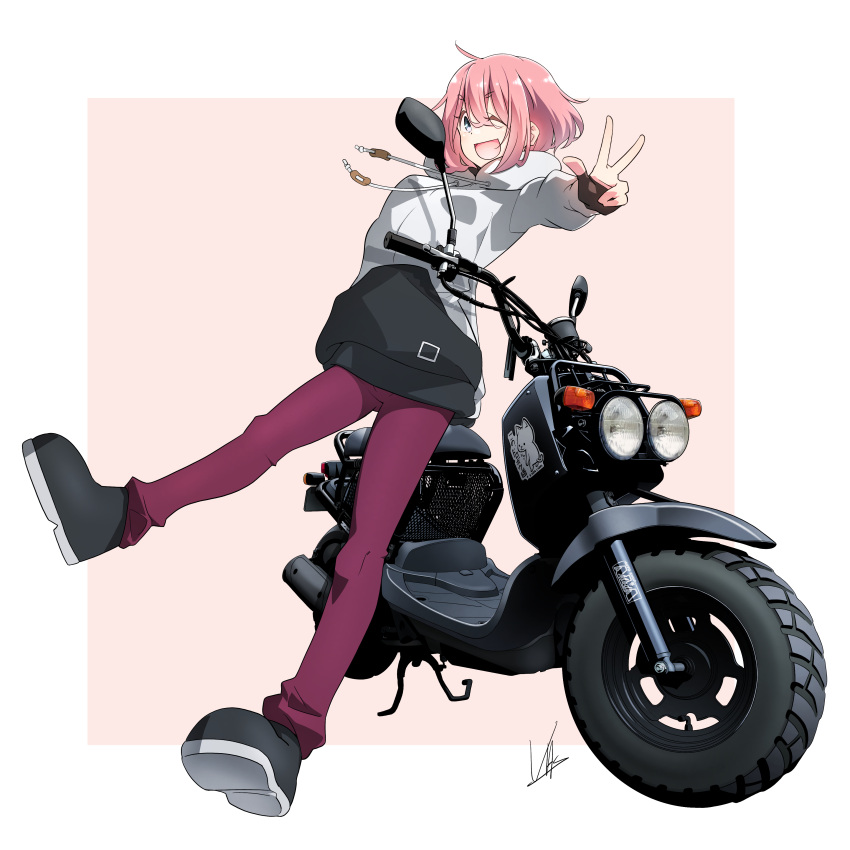 1girl, ;d, absurdres, ahoge, black_footwear, black_hoodie, blue_eyes, boots, drawstring, fingerless_gloves, full_body, gloves, ground_vehicle, hair_between_eyes, highres, honda, honda_zoomer, hood, hoodie, kagamihara_nadeshiko, motor_vehicle, motorcycle, one_eye_closed, pants, pink_background, pink_hair, purple_pants, scooter, short_hair, signature, smile, solo, two-tone_background, two-tone_hoodie, v, white_background, white_hood, white_hoodie, yasu_(pixiv), yurucamp