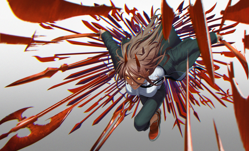 1girl, absurdres, black_cat207, breasts, brown_hair, chainsaw_man, formal, glowing