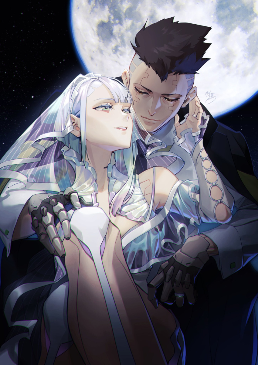 amber_(orangeamber12), cyberpunk_(series), cyberpunk_edgerunners, david_martinez, highres, lucy_(cyberpunk_edgerunners), mariage, moon