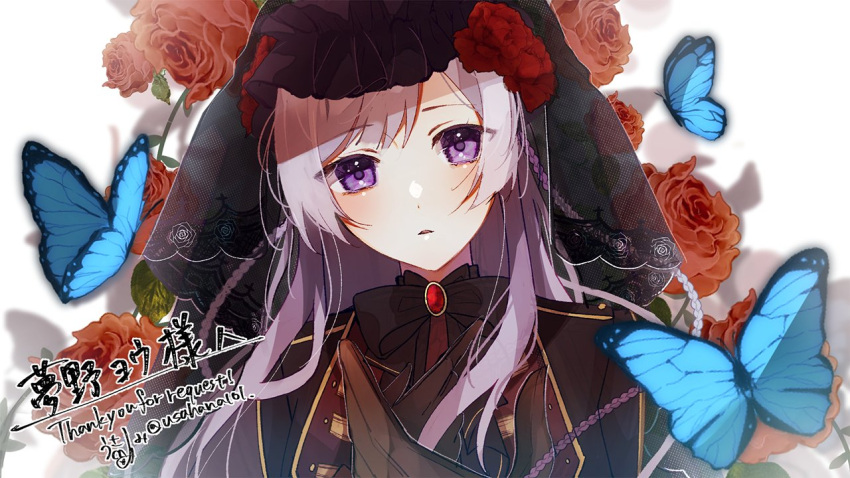 1girl, blue_butterfly, bug, butterfly, commission, commissioner_upload, flower, indie_virtual_youtuber