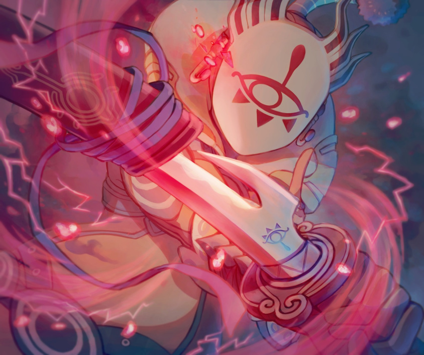 1boy, agisato, high_collar, kohga, looking_at_viewer, mask, red_lightning, sword, the_legend_of_zelda, the_legend_of_zelda:_breath_of_the_wild, topknot, weapon, yiga_clan