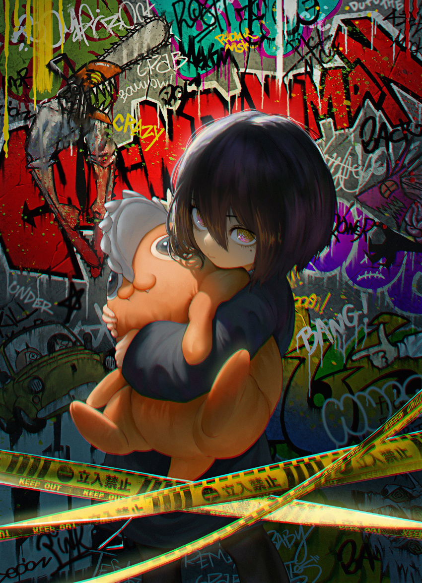 1girl, absurdres, black_cat207, black_pantyhose, caution_tape, chainsaw_man, child, graffiti