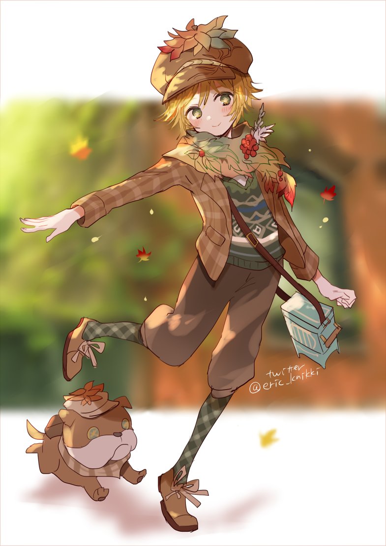1boy, bag, blonde_hair, blue_bag, blurry, blurry_background, blush, brown_jacket