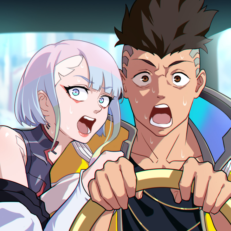 1boy, 1girl, cyberpunk, cyberpunk_(series), cyberpunk_edgerunners, cyborg, david_martinez, driving